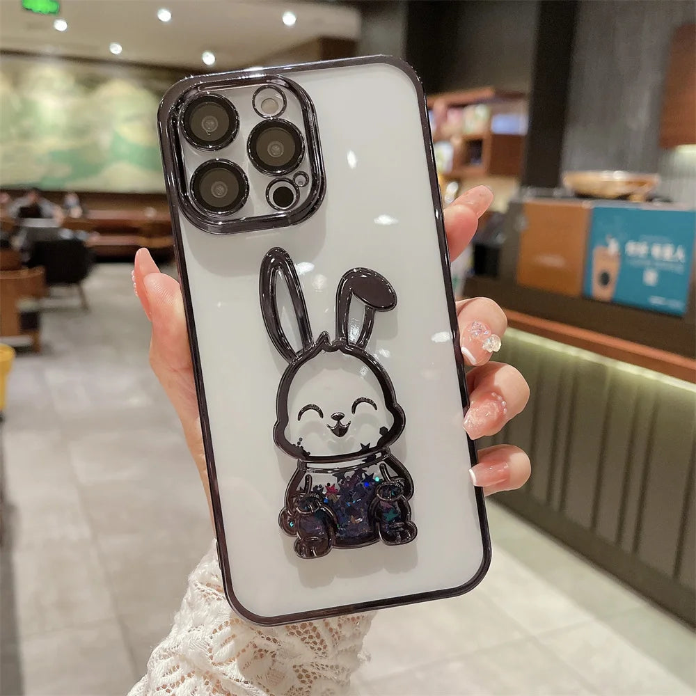 Luxury Cute Rabbit Quicksand Glitter iPhone Case | MagSafe Case | Transparent Camera Lens Cover for Apple iPhone 16/15/14/13/12 Pro Max, Plus Mini | Armor Phone Protective Case