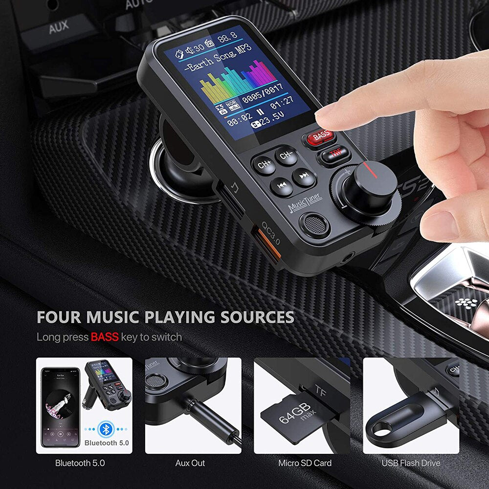 1,8-Zoll kabelloser Auto-Bluetooth-FM-Transmitter, unterstützt QC 3.0-Ladung, Klangregelung, Musikspieler für Treble und Bass