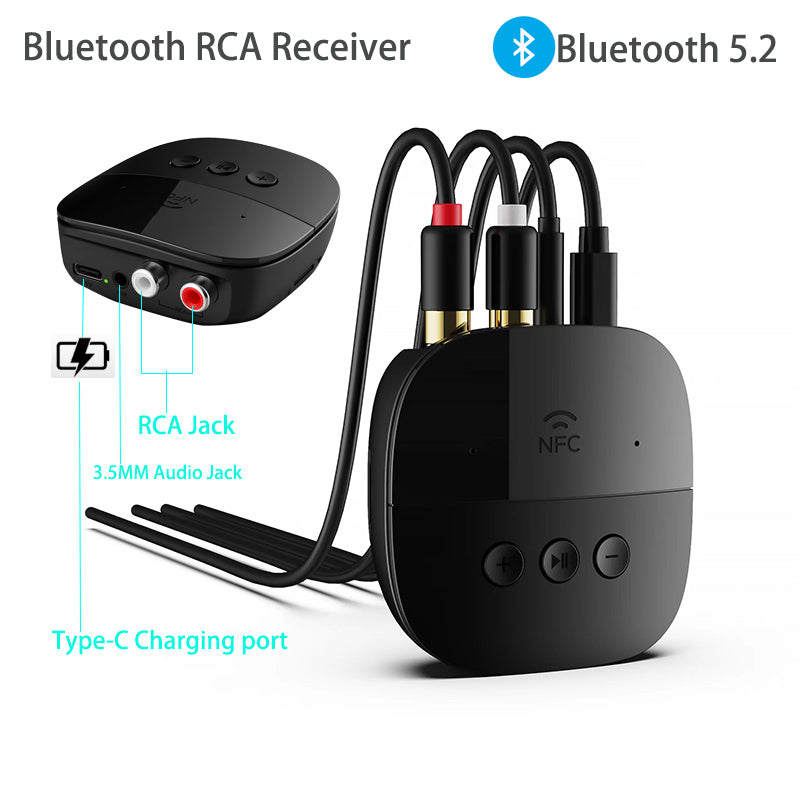 Premium Bluetooth 5.2 Audio Receiver: RCA, 3.5mm AUX, USB, NFC, Wireless Adapter with Microphone | U-Disk, TF Card for Car Kit, Speaker, Amplifier | Compatible with Smartphone, Laptop, Tablet, PC, Apple iPhone, iPad, MacBook, iOS, Android, Samsung