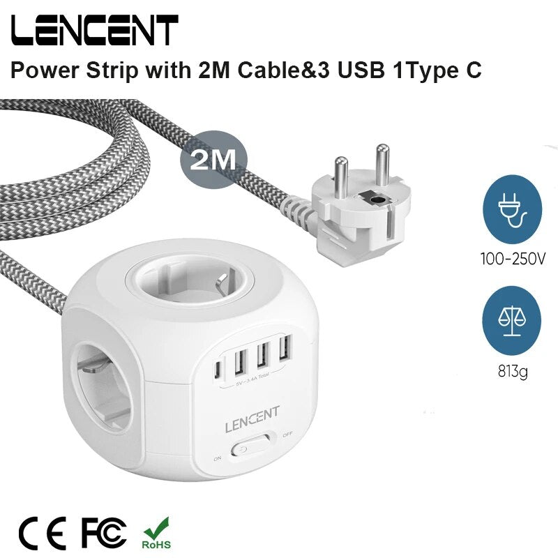 Premium Steckdosenleiste: 4 AC-Steckdosen, 3 USB-Anschlüsse, 1 Typ-C Mehrfachsteckdose mit 2m/3m geflochtenem Kabel und Schalter für Zuhause