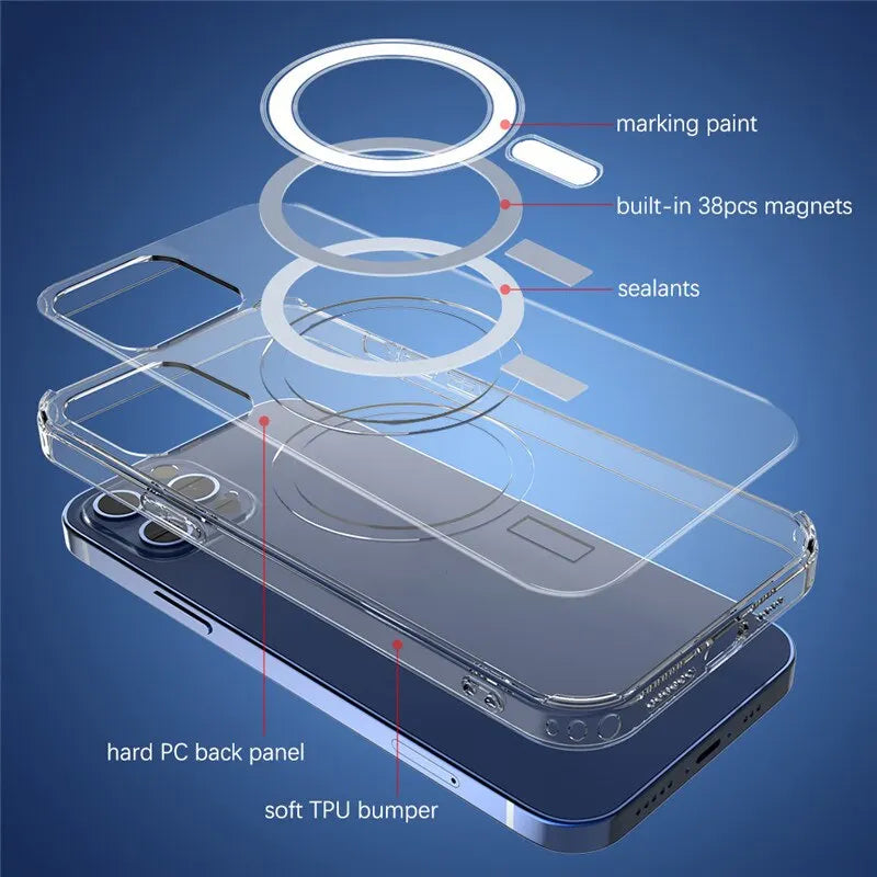 Transparent Magnetic Magsafe For Apple iPhone 16/15/14/13/12 Pro Max Plus Mini  Case | Clear Transparent Case, Wireless Charging, Dustproof, Water-Resistant & Enhanced Camera Protection