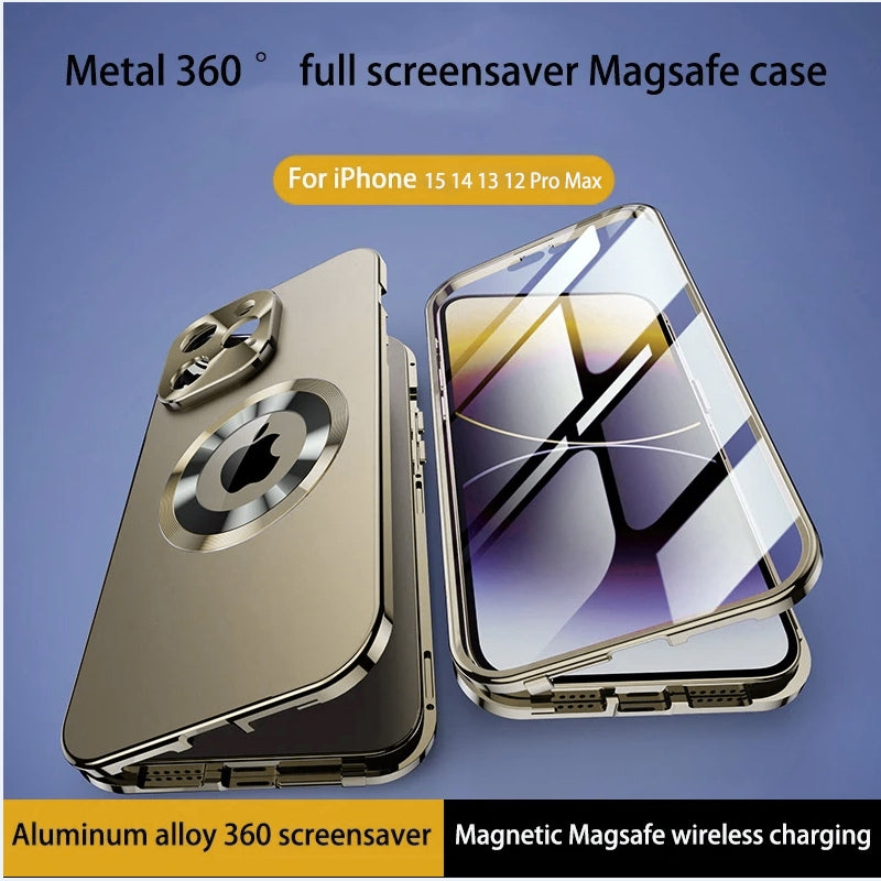 Luxus Ultra-Dünne iPhone Hülle: Metalllegierung und Glas, Sichtschutz, Doppelseitiger 360° Vollschutz | MagSafe-kompatibel Magnetischer Adsorption | Stoßfest mit Kameraschutz Case | Schutzhülle für Apple iPhone 16/15/14/13/12 Pro Max, Plus, Mini Cover