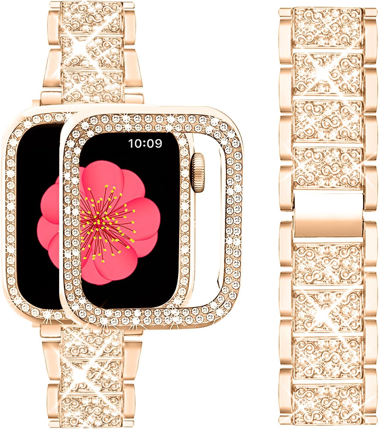 Luxus Premium Hülle Glitzer-Metallarmband & Diamant-Gehäuse für Apple Watch Serie 10/9/8/7/6/5/4/3/2/1 & Ultra 2/1, SE: 2024, 2023, 2022, 2021, 2020, 2019, 2018, 2017, 2016: 49mm, 45mm, 41mm, 40mm, 44mm, 42mm | Case & Cover, iWatch Armband