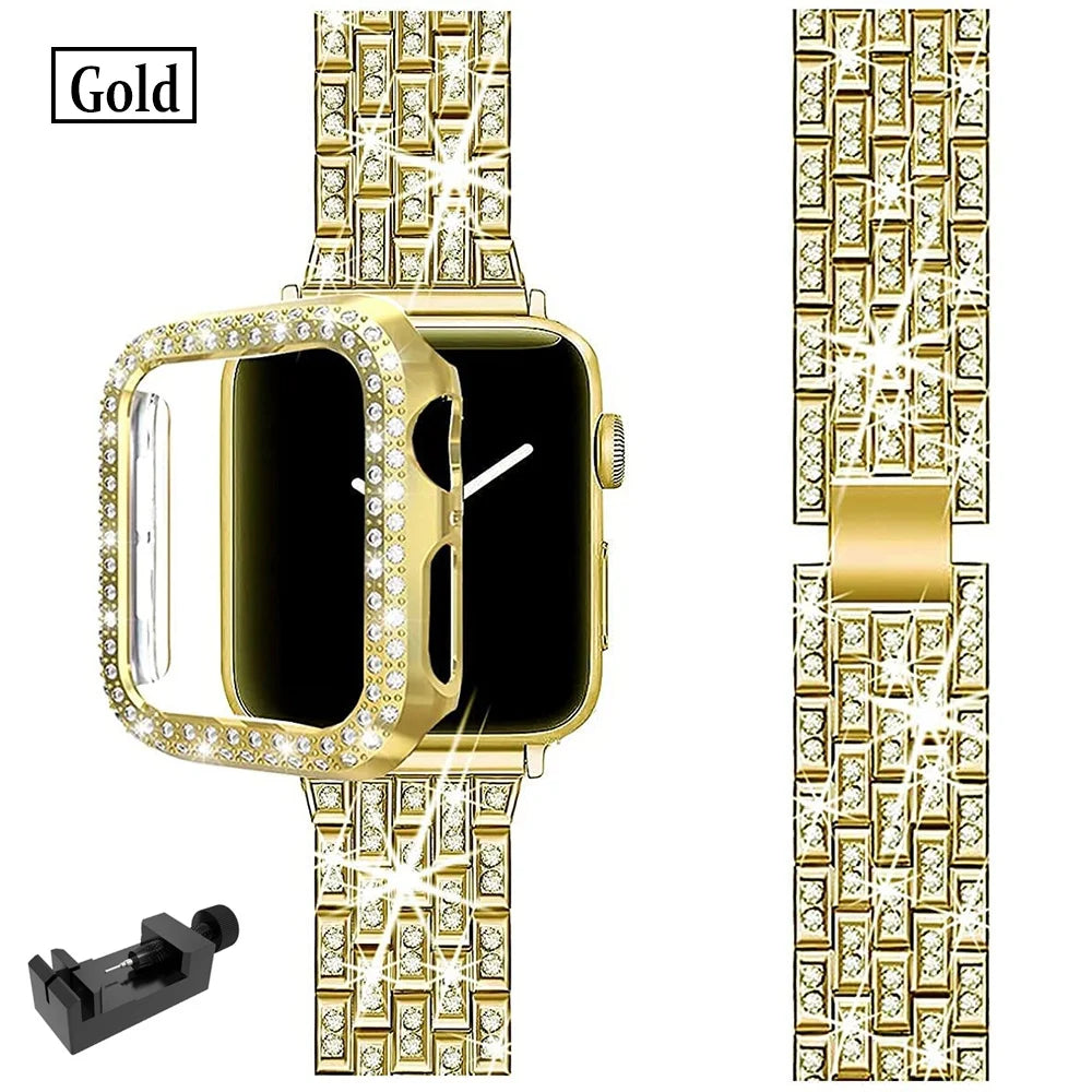 Luxury Premium glitter metal bracelet and diamond protective case for Apple Watch Series 10/9/8/7/6/5/4/3/2/1 & Ultra 2/1, SE: 2024, 2023, 2022, 2021, 2020, 2019, 2018, 2017, 2016 | Ultra 49mm, 45mm, 41mm, 40mm, 44mm, 42mm bracelet for iWatch.