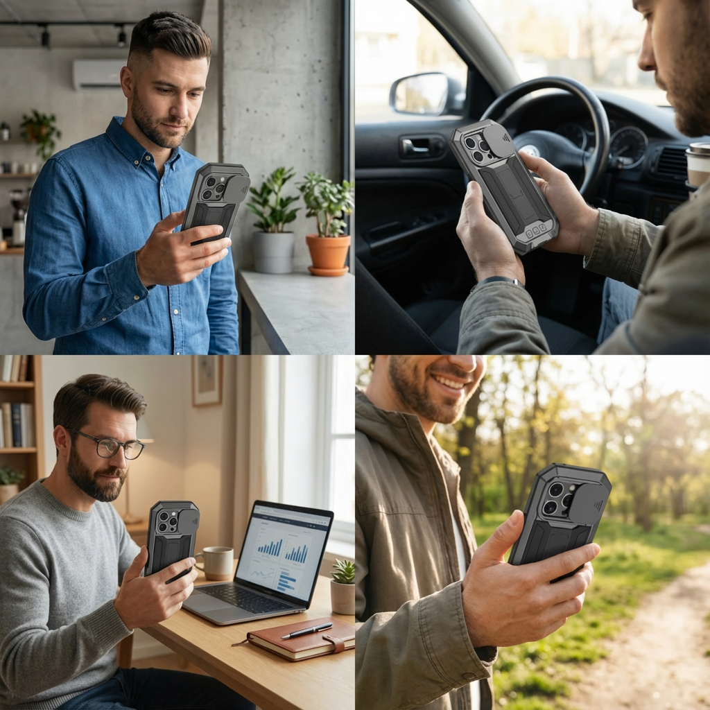 Military Heavy-Duty Metal iPhone Case – Full-Body Hybrid Cover with Slide Camera Protection & Built-in Screen Protector 