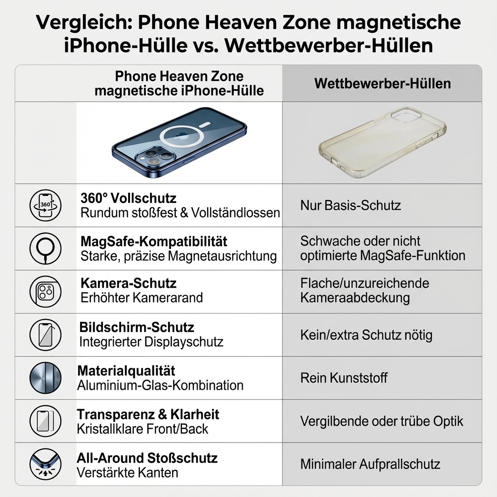 Magnetische iPhone Hülle | Magsafe, 360° Vollschutz, Kameraschutz & Bildschirmschutz Case, Aluminium & Glas, Rundum Stossfest, Transparente Handyschutzhülle & Klare Cover