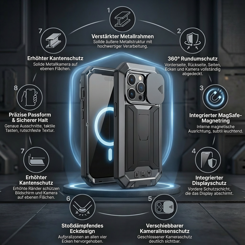 Military Heavy-Duty Metal iPhone Case – Full-Body Hybrid Cover with Slide Camera Protection & Built-in Screen Protector 