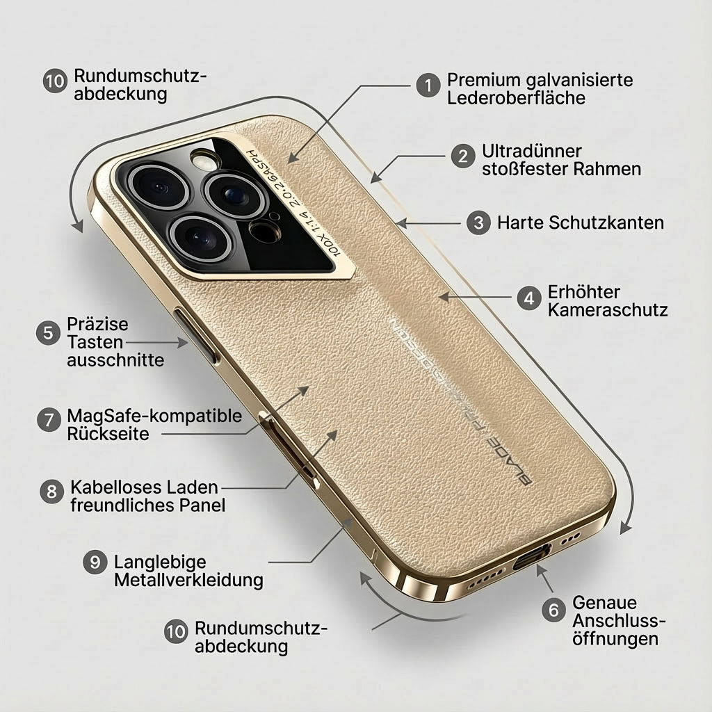 Luxus Leder iPhone Hülle MagSafe Case – elektroplattiertes Premium-Leder, 360° Kamera- & Display-Schutz, ultradünne Hard-Shell, stoßfest, kratzfest, schlankes Slim-Design, langlebiges Cover, kabelloses Laden kompatibel, stylisch & robust, Premium-Schutz