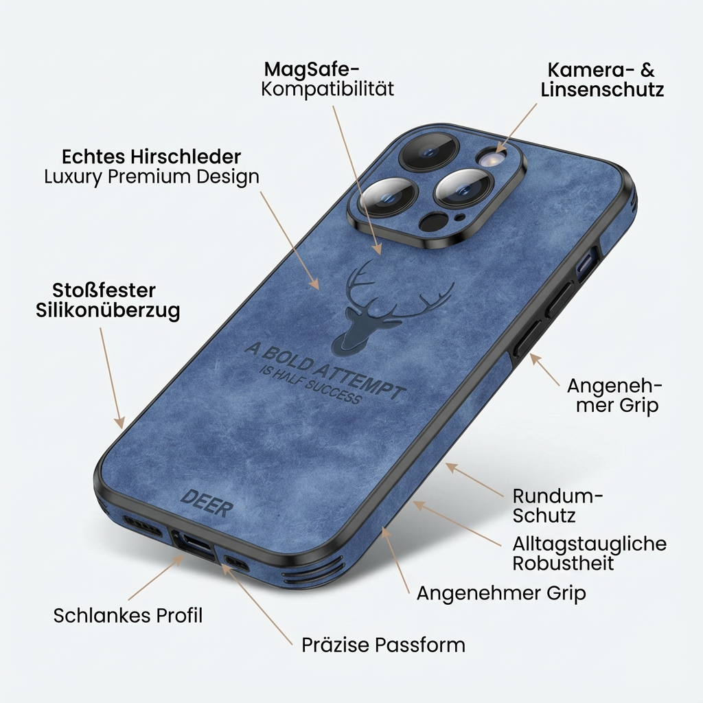 Hochwertige Hirschleder Apple iPhone-Hülle mit Kameralinsenschutz und stoßfestem Silikonüberzug - Phone Heaven Zone