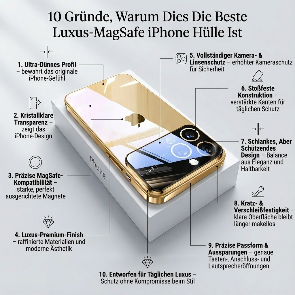 Luxus Apple iPhone Hülle mit Kameraschutz | Magsafe Case Hart-PC-Glas Klar Transparent Ultra Dünnes Silikon Cover und Linsenschutz | Stoßfänger Vollabdeckung Sturzsichere Premium Bumper Handyschutzhülle