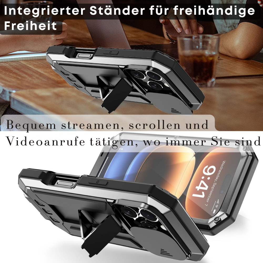 Military Heavy-Duty Metal iPhone Case – Full-Body Hybrid Cover with Slide Camera Protection & Built-in Screen Protector