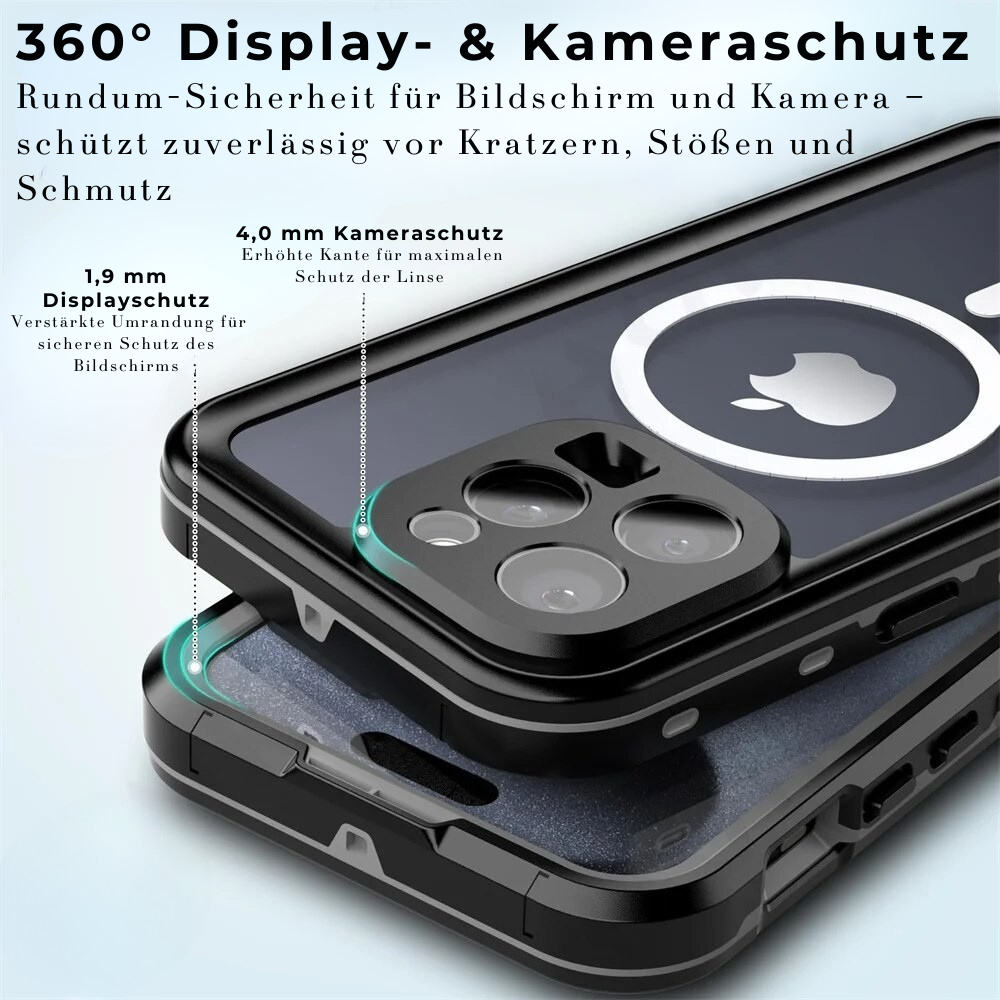 Premium IP68 Wasserdichte Magnet-Hülle mit MagSafe für Apple iPhone 16/16e, 15, 14, 13, 12 Pro Max, Pro, Plus & Mini: 360° Vollschutz Case, Militärpanzer-Design | Staubdicht, Stoßfest Cover mit Kameraschutz | Ideal für Tauchen und Schwimmen
