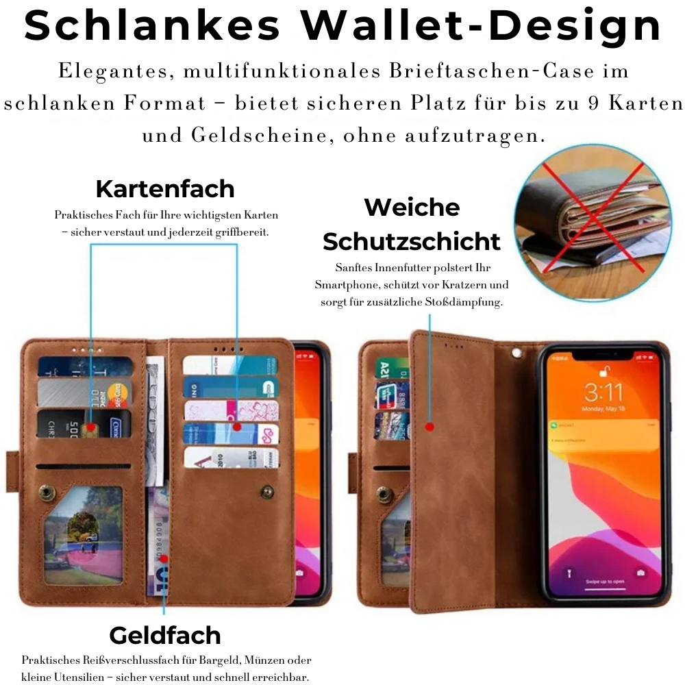 Hochwertige Leder-Handyhülle mit Reißverschluss, Kartenhalter, Stand und Riemen iPhone Hülle | Flip-Cover Case für Apple iPhone 17/17 Air, 16/16e, 15, 14, 13, 12 Pro Max, Pro, Plus & Mini - Vielseitige Schutzhülle