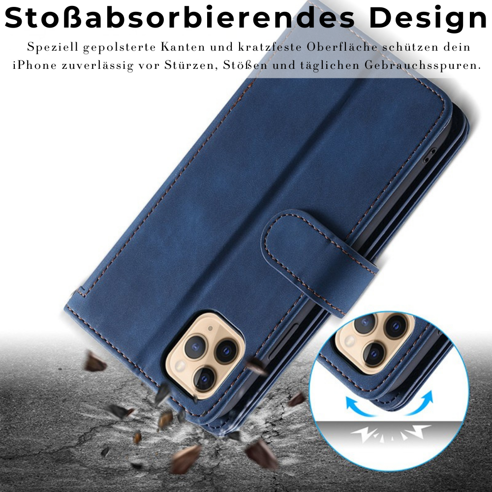 Hochwertige Leder-Handyhülle mit Reißverschluss, Kartenhalter, Stand und Riemen iPhone Hülle | Flip-Cover Case für Apple iPhone 17/17 Air, 16/16e, 15, 14, 13, 12 Pro Max, Pro, Plus & Mini - Vielseitige Schutzhülle