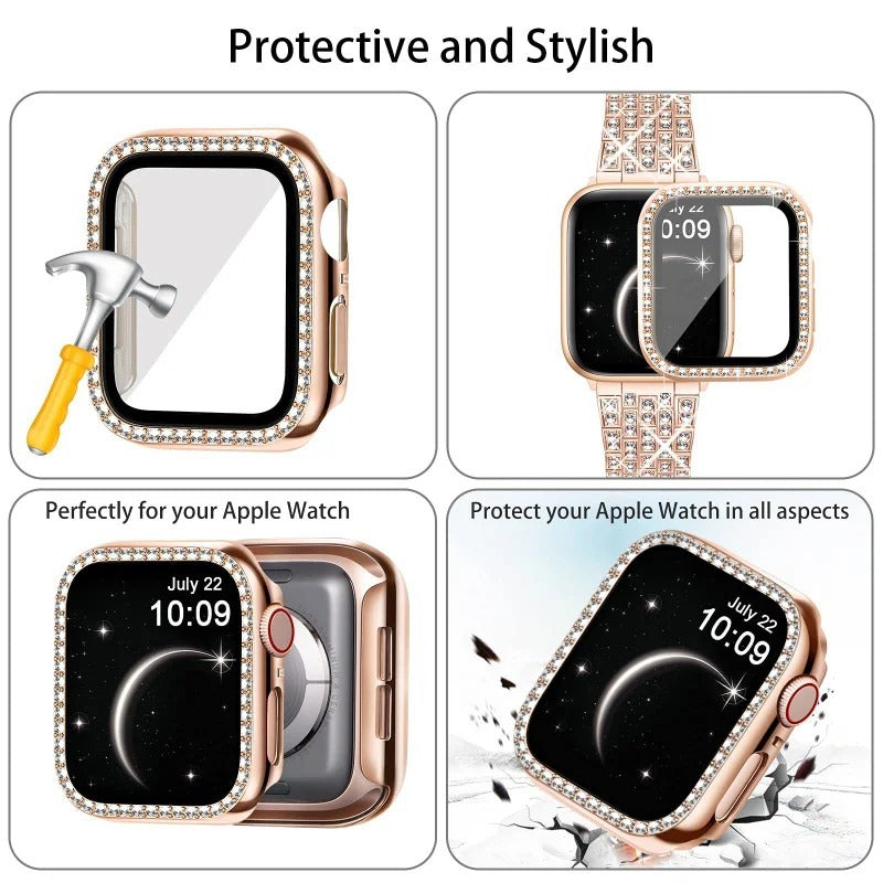 Luxury Premium glitter metal bracelet and diamond protective case for Apple Watch Series 10/9/8/7/6/5/4/3/2/1 & Ultra 2/1, SE: 2024, 2023, 2022, 2021, 2020, 2019, 2018, 2017, 2016 | Ultra 49mm, 45mm, 41mm, 40mm, 44mm, 42mm bracelet for iWatch.