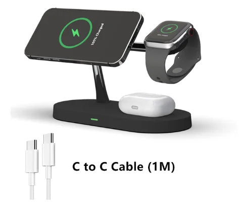 5-in-1 Magnetic Wireless Charging Stand for Smartphones, Apple iPhone, Samsung, iOS & Android Apple Watch 9, 8, 7, AirPods with LED Light, Fast Charging.