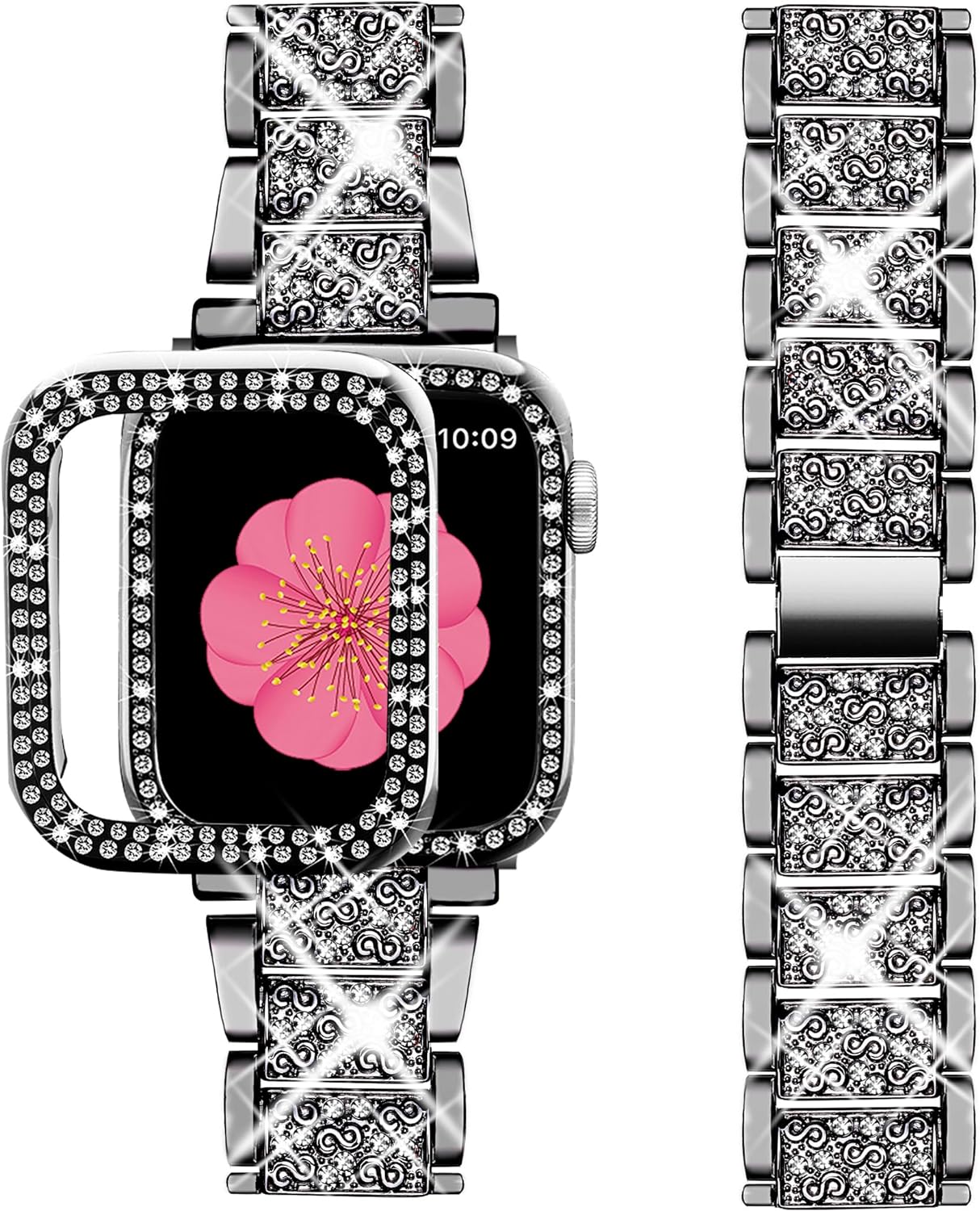 Luxus Premium Hülle Glitzer-Metallarmband & Diamant-Gehäuse für Apple Watch Serie 10/9/8/7/6/5/4/3/2/1 & Ultra 2/1, SE: 2024, 2023, 2022, 2021, 2020, 2019, 2018, 2017, 2016: 49mm, 45mm, 41mm, 40mm, 44mm, 42mm | Case & Cover, iWatch Armband