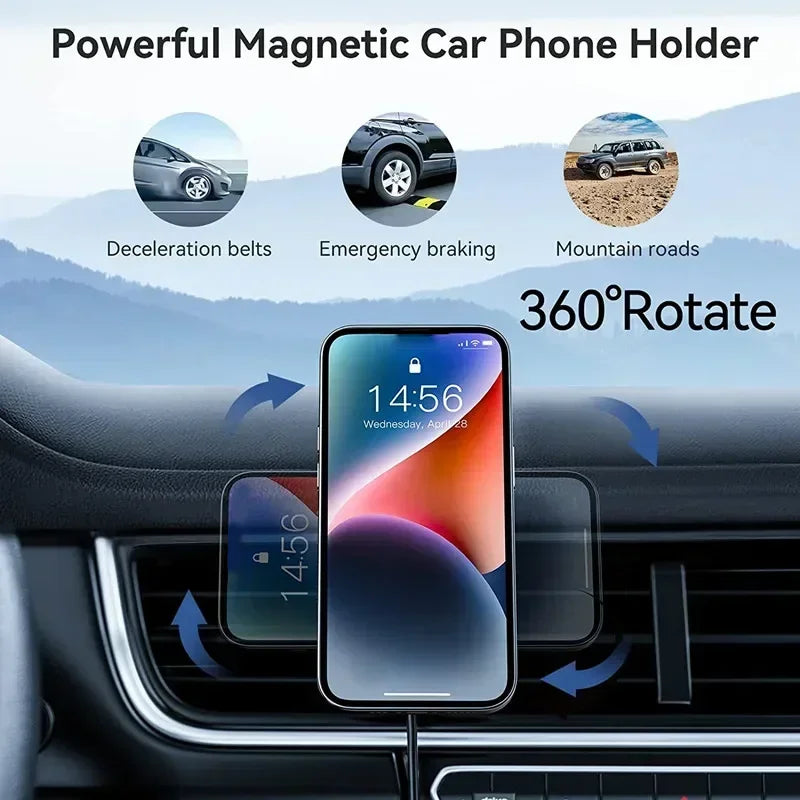 High-Quality Magnetic 30W Wireless Car Charger with Phone Mount for Smartphones, Apple iPhone, Samsung, iOS & Android | Fast Charging Station and Car Holder