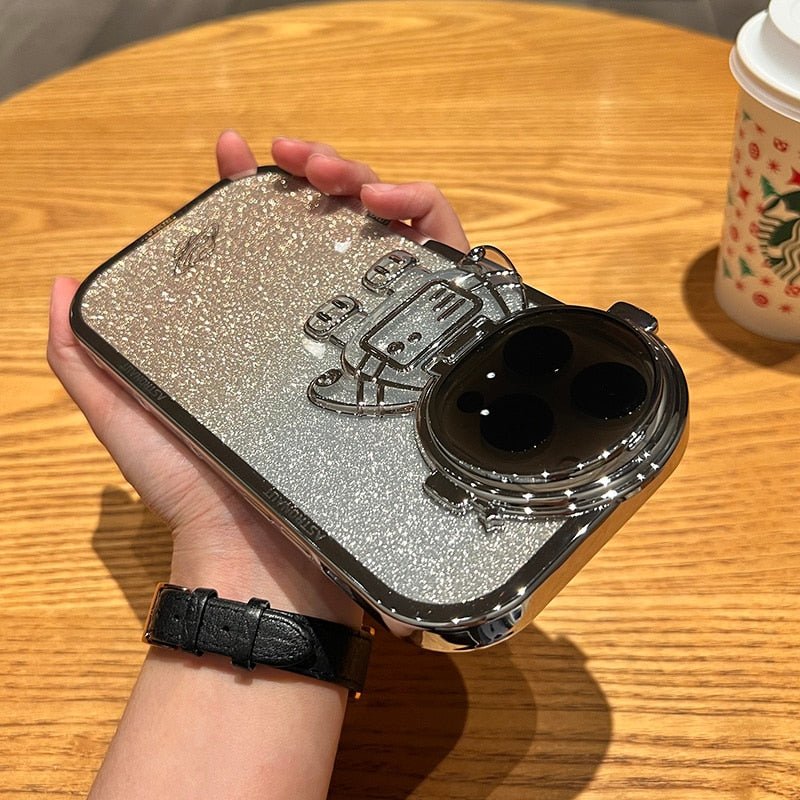 Astronauten-Hülle Glitzerfilm und Objektivständer-Kameraschutz|Premium-Schockabsorbierende weiche TPU-Rückseite für iPhone