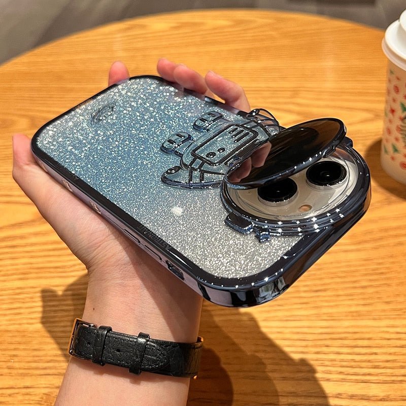 Astronauten-Hülle Glitzerfilm und Objektivständer-Kameraschutz|Premium-Schockabsorbierende weiche TPU-Rückseite für iPhone